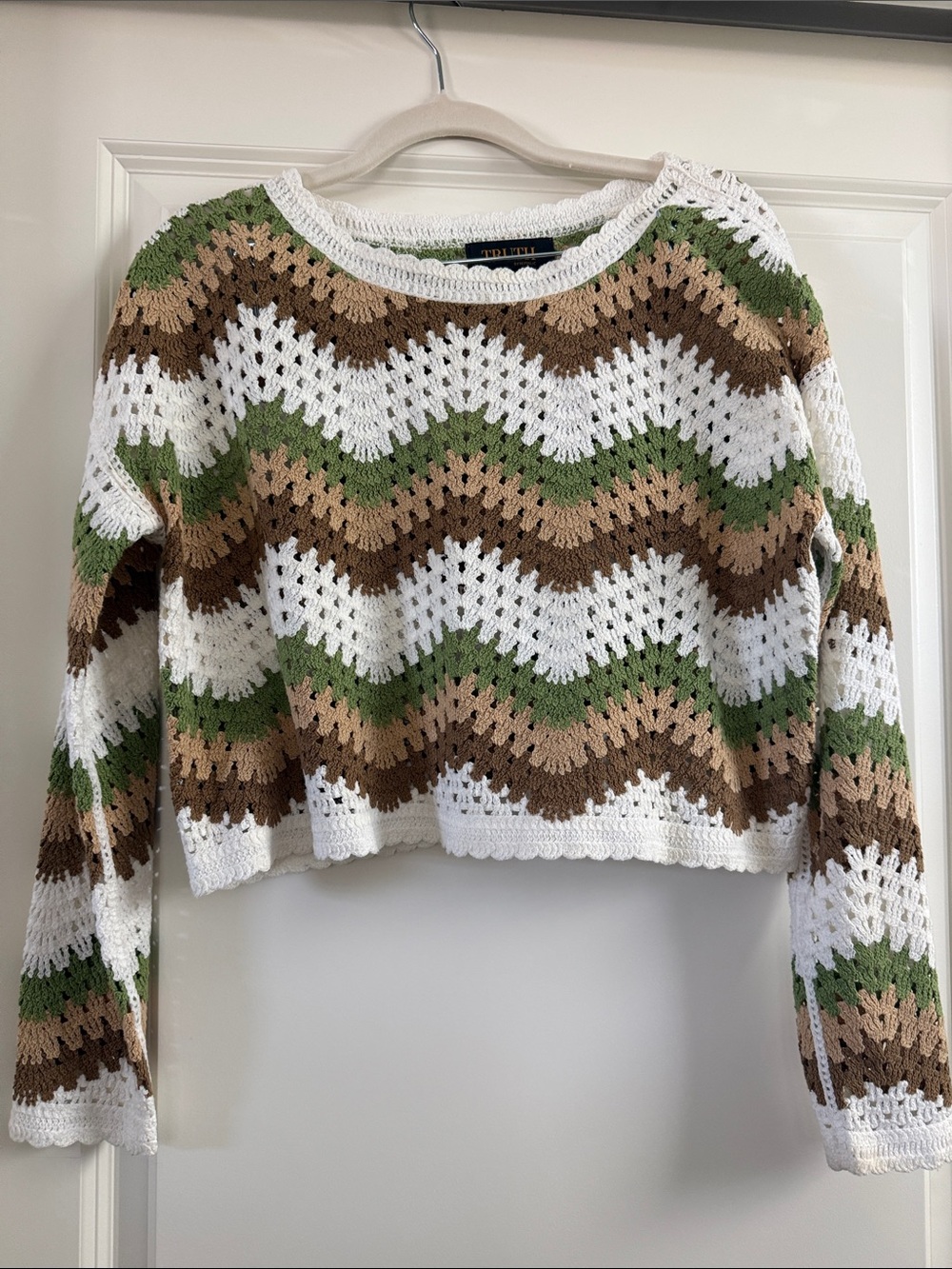 Truth Crochet Scoop-Neck Sweater in White, Green & Brown
